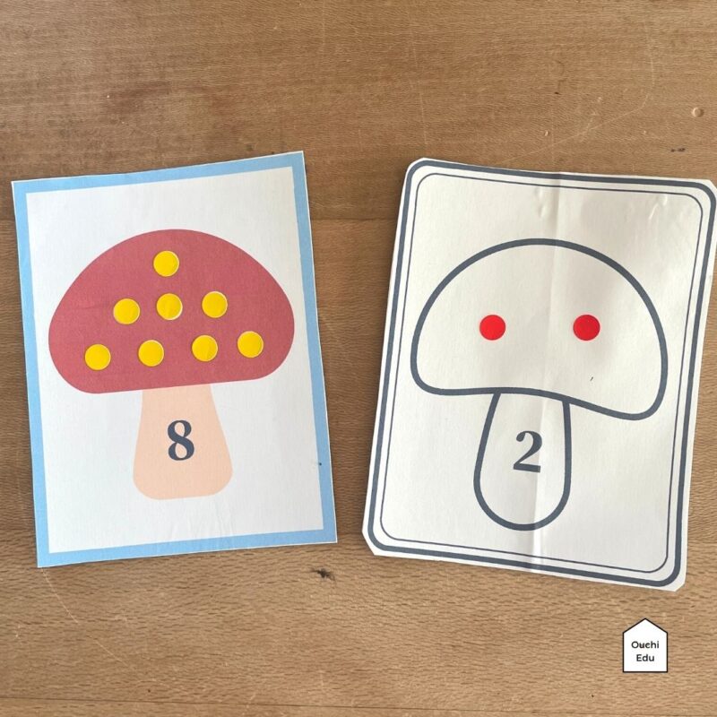 シールを貼って作る「0〜10」のキノコの数カード